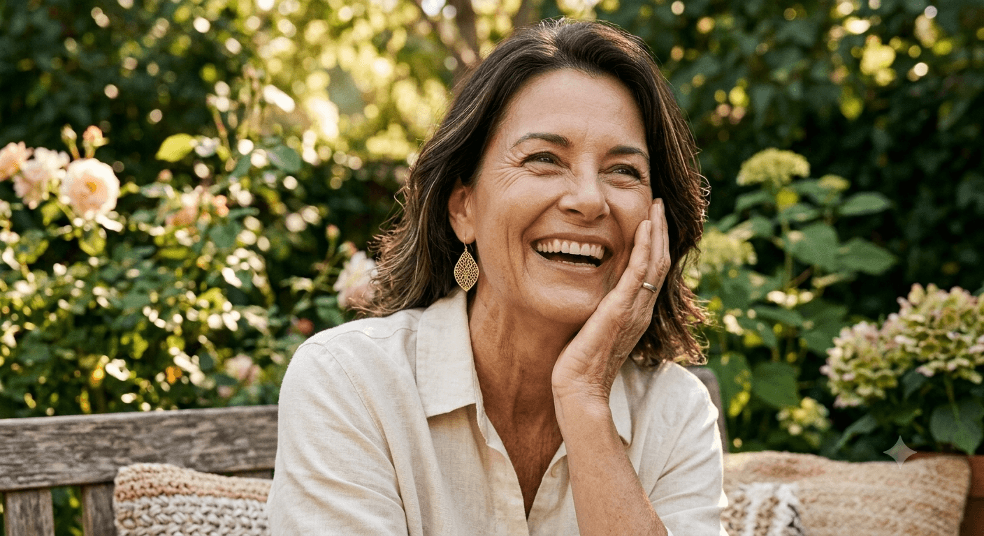 A woman comfortable in her own skin — laughing, unguarded, present. What Aphora composes for is the life that meets you here, not a version of yourself the mirror is meant to reverse.