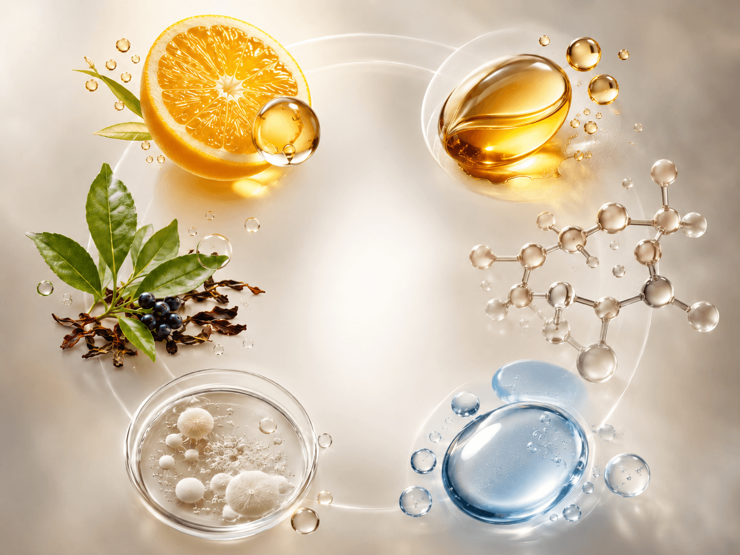 A visual study of bioactive molecules — the delicate compounds that skincare formulators promise on the label, and that begin degrading the moment they meet oxygen, light, and time.
