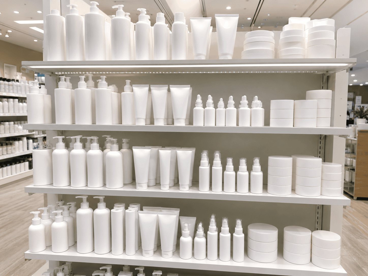A row of generic, mass-produced skincare bottles — the industrial output that arrives at the shelf months after the actives inside were formulated, quietly losing potency the entire way.