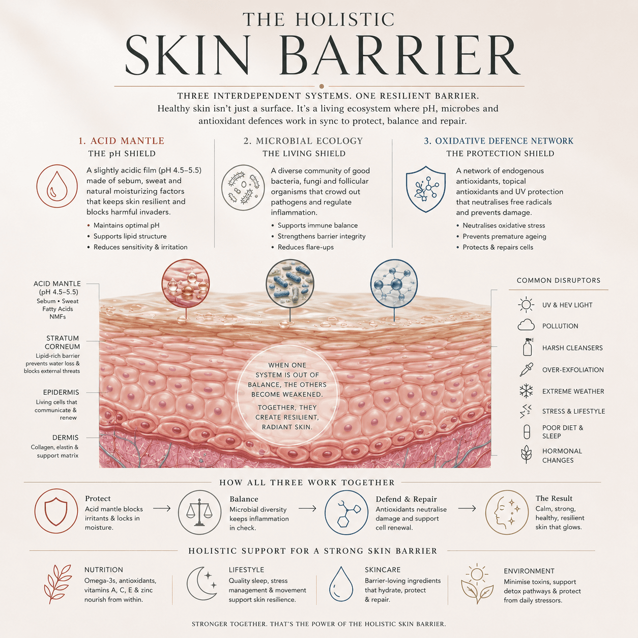 An anatomical cross-section illustration of the skin barrier — the layered architecture of stratum corneum, acid mantle, microbial ecology, and oxidative defence network that this guide explains.