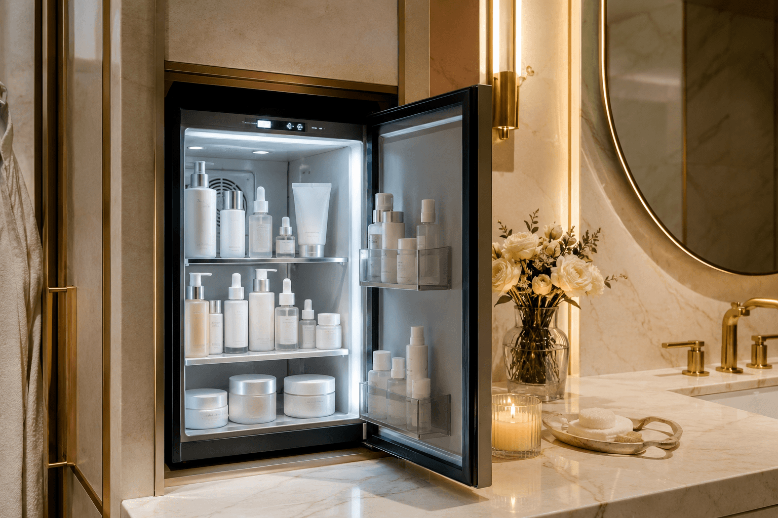 A cosmetic fridge stocked with skincare — the cold-storage architecture that lets truly clean formulations exist without depending on synthetic preservation for shelf life.
