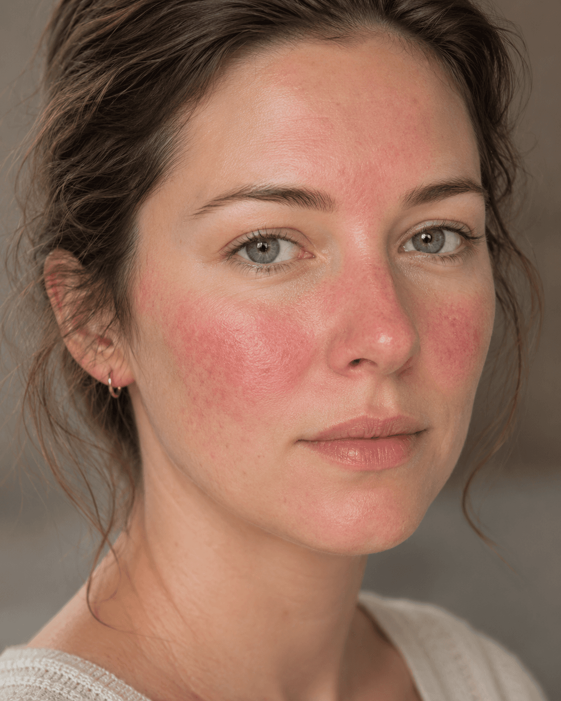 A close portrait of a woman with visible rosacea — the characteristic centrofacial flush across cheeks and nose, and the fine surface reactivity that the condition presents.
