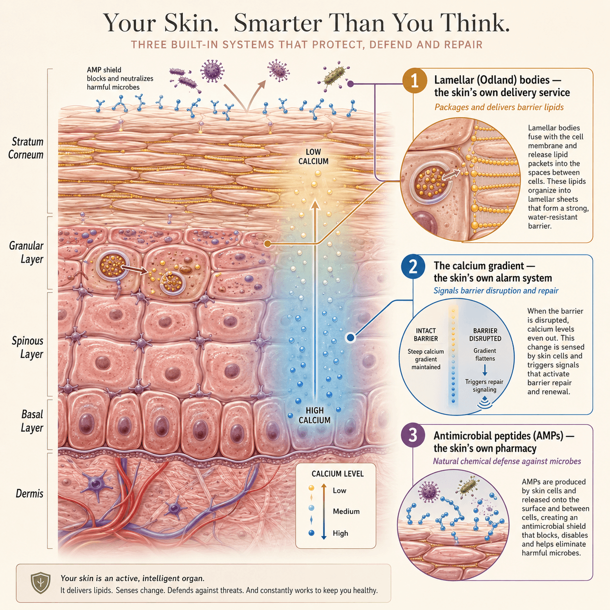 Your skin is smarter than you think — an illustrated reminder that the stratum corneum is a metabolically and immunologically active tissue, not the inert brick wall the old model of skincare assumed.