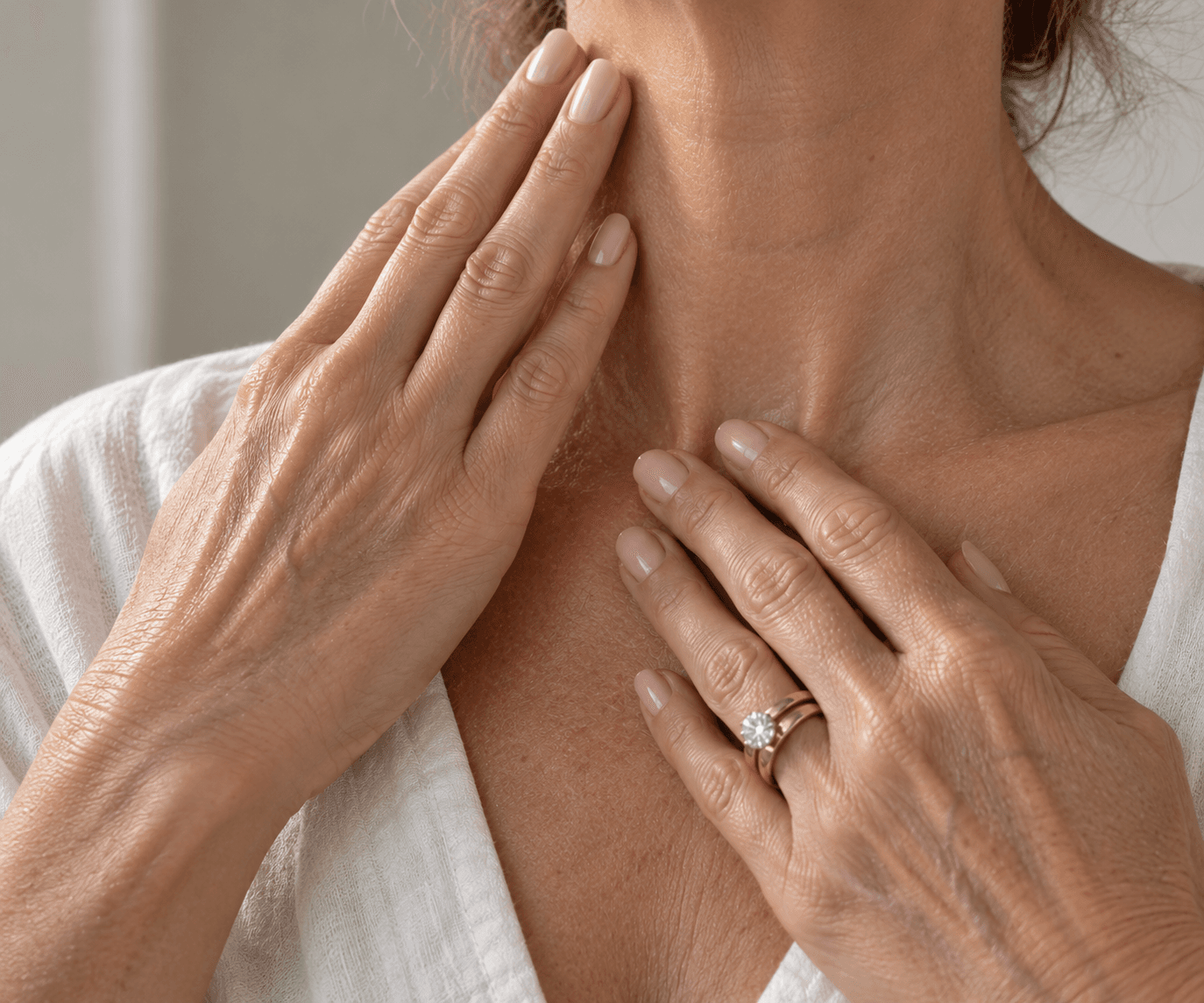 A midlife woman's hands resting on her throat and décolletage in natural side light.