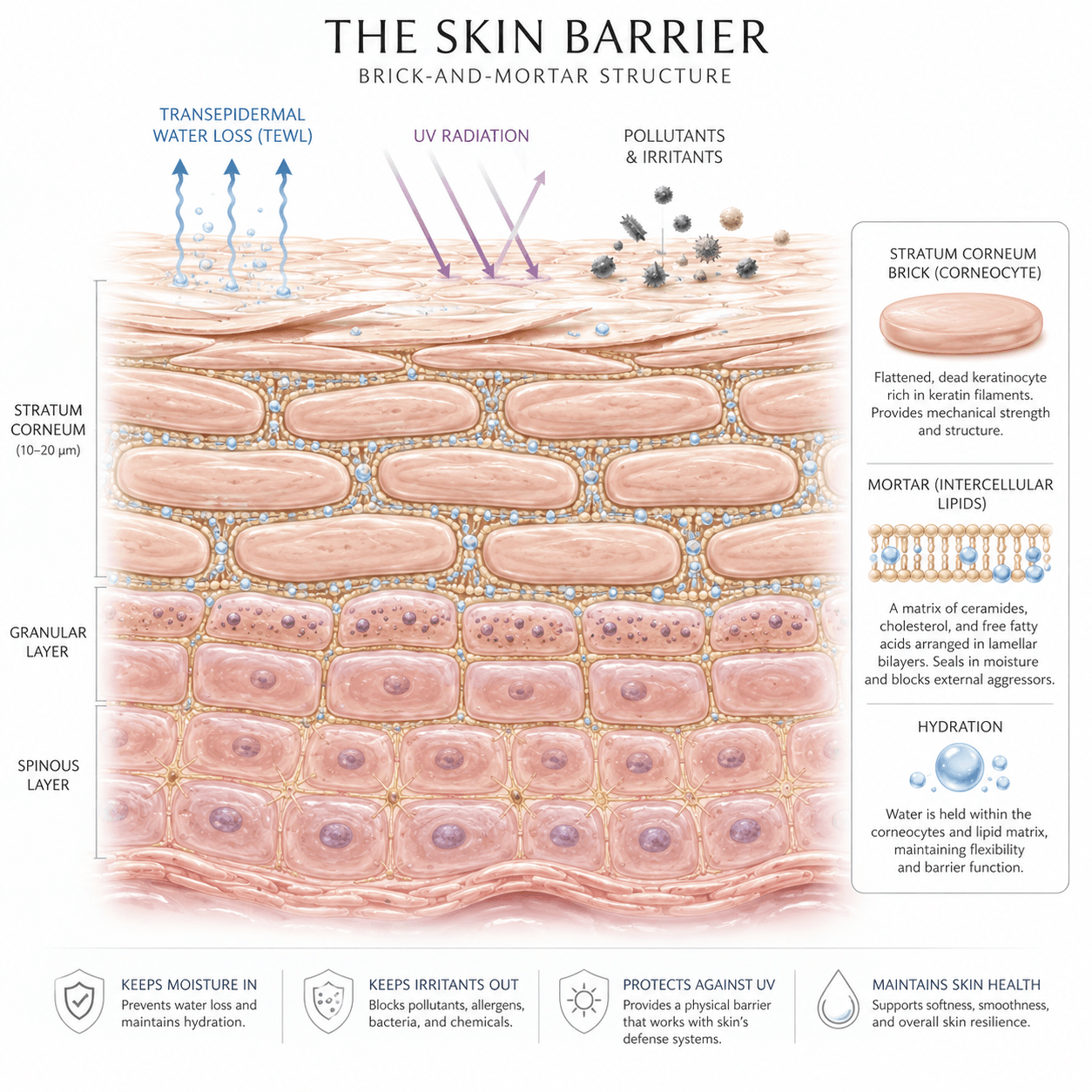 An anatomical cross-section illustration of the skin barrier — the brick-and-mortar architecture of corneocytes, intercellular lipids, and the acid mantle that defends against moisture loss and environmental damage.
