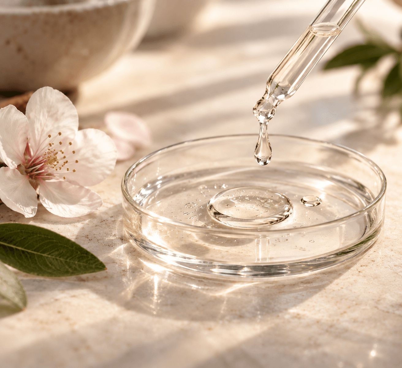 A clear serum falling from a glass pipette into a shallow dish, beside almond blossom in morning light — mandelic acid is derived from bitter almond.