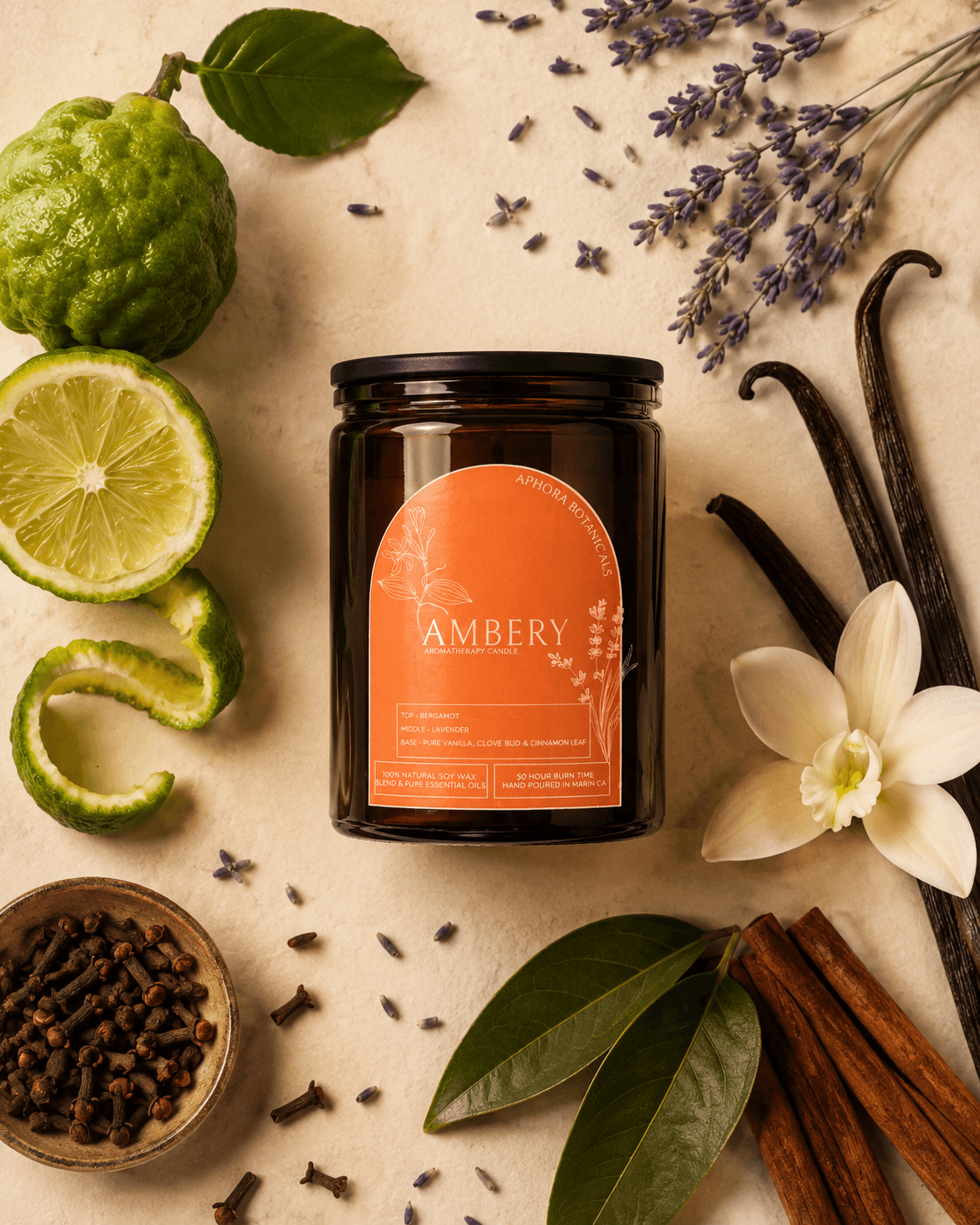 Ambery aromatherapy candle and its botanicals