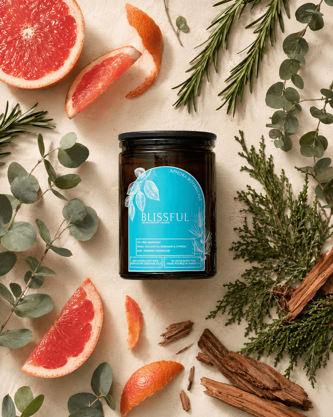Blissful aromatherapy candle and its botanicals