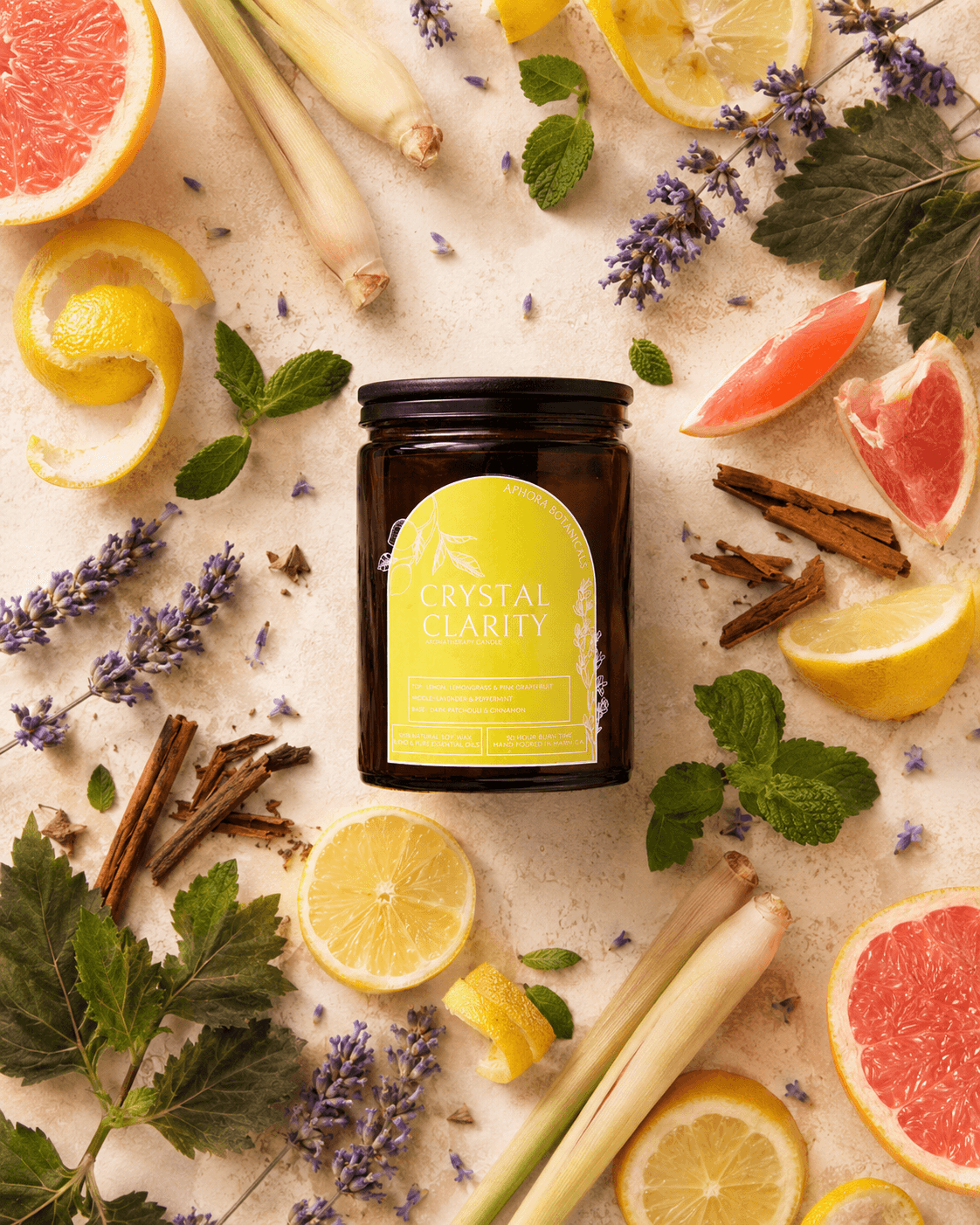 Crystal Clarity aromatherapy candle and its botanicals