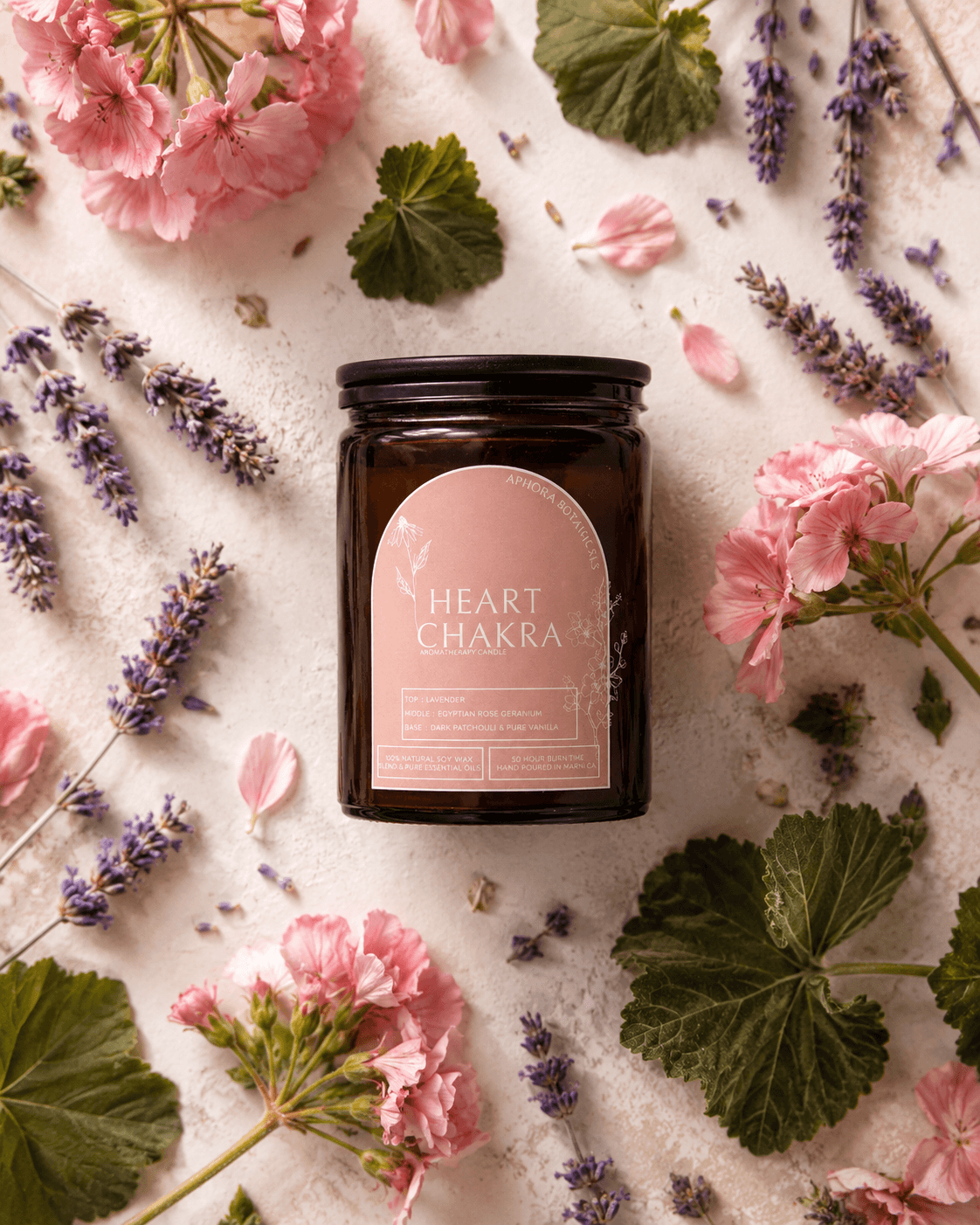 Heart Chakra aromatherapy candle and its botanicals